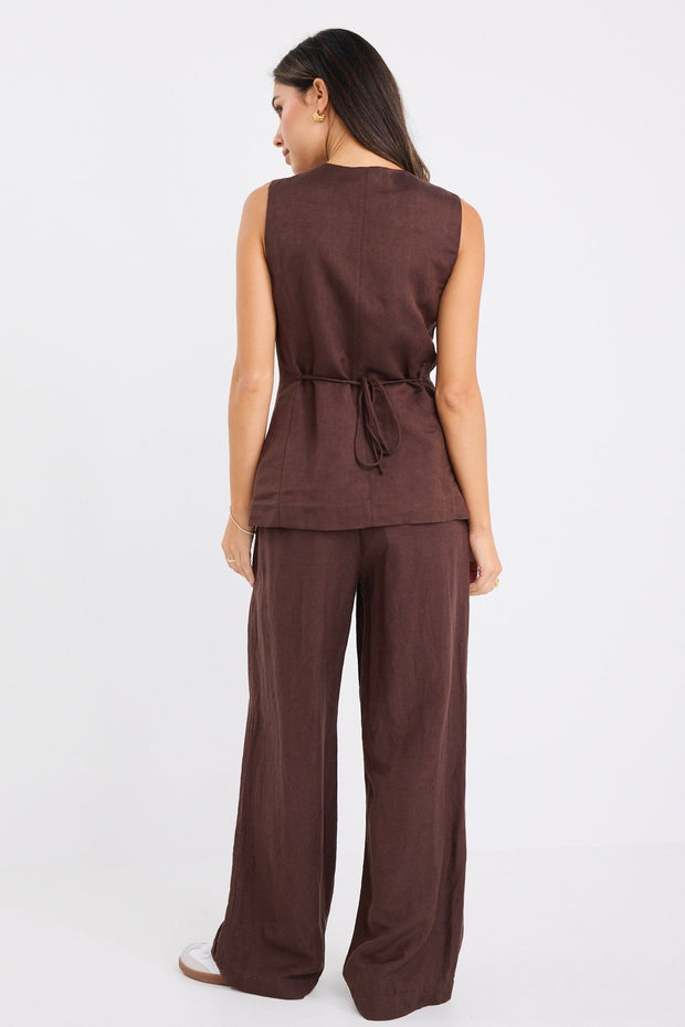 Shelter Linen Viscose Flat Front Pant - Chocolate