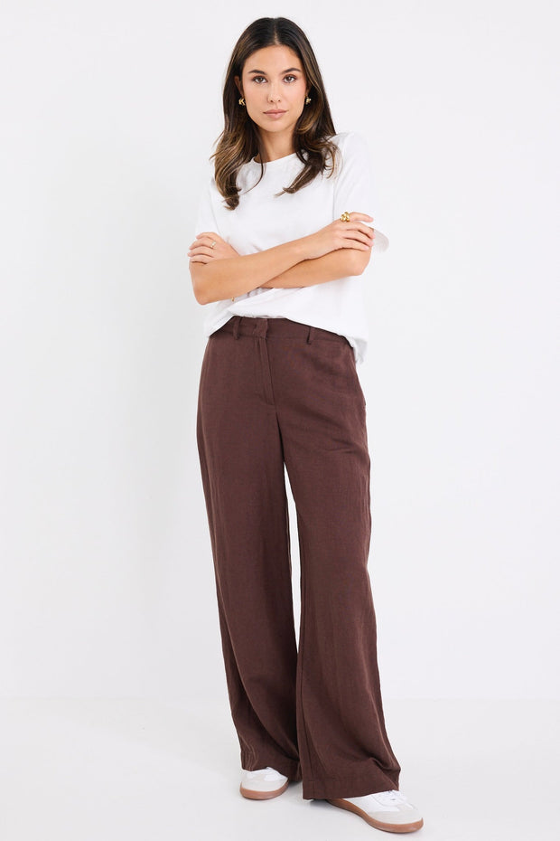 Shelter Linen Viscose Flat Front Pant - Chocolate