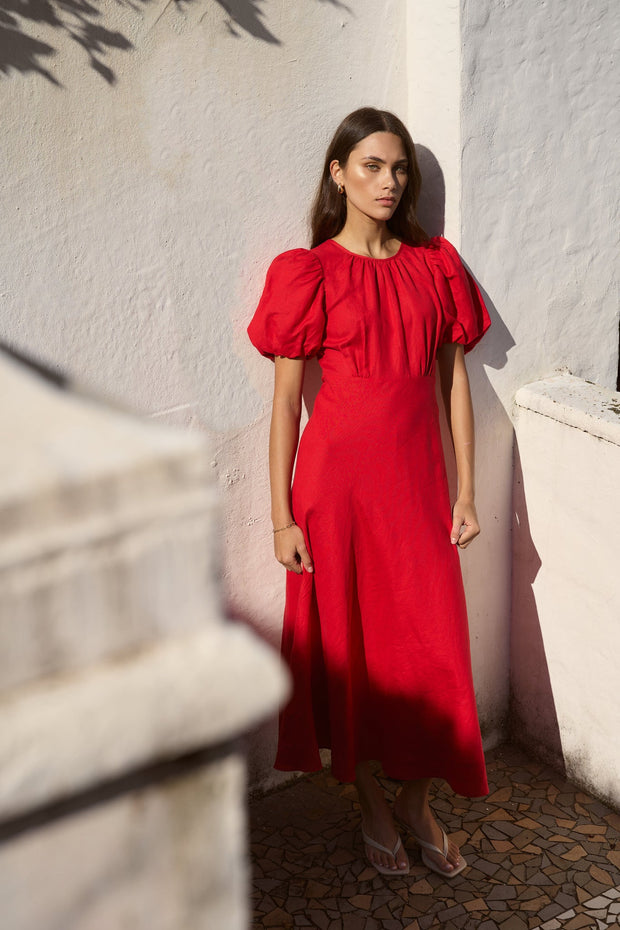 Stage Puff Sleeve Maxi Dress - Cherry