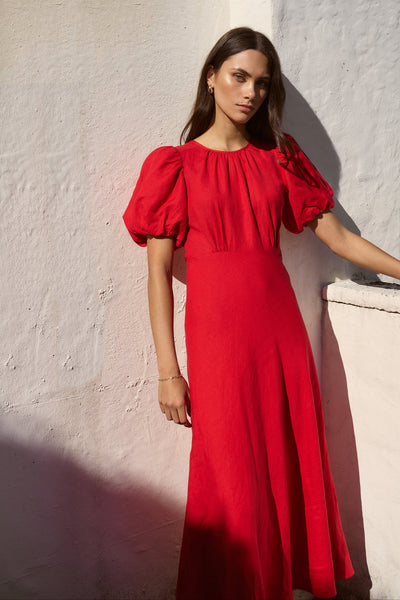 Stage Puff Sleeve Maxi Dress - Cherry