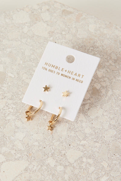 Star Sleeper Stud Set Earrings - Gold