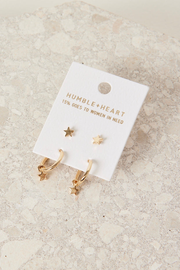 Star Sleeper Stud Set Earrings - Gold