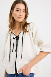 Subliminal Black Trim Linen Top - Cream