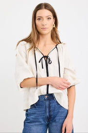 Subliminal Black Trim Linen Top - Cream