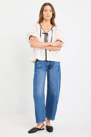 Subliminal Black Trim Linen Top - Cream