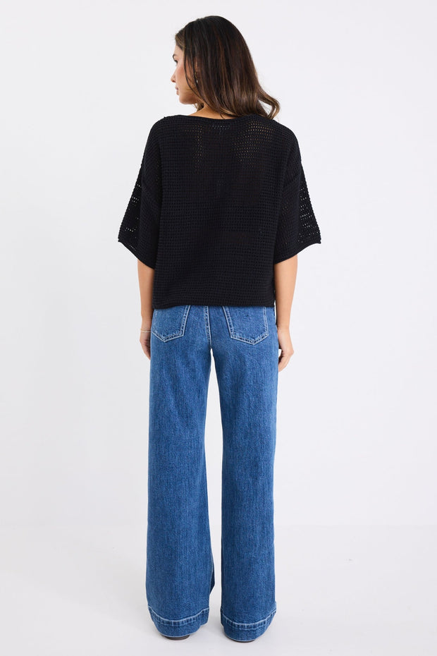 Sunrise S/S Crochet Knit Top - Blackm