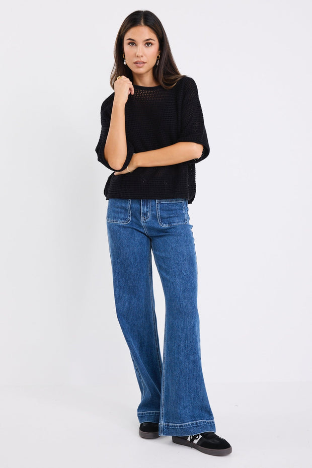 Sunrise S/S Crochet Knit Top - Blackm