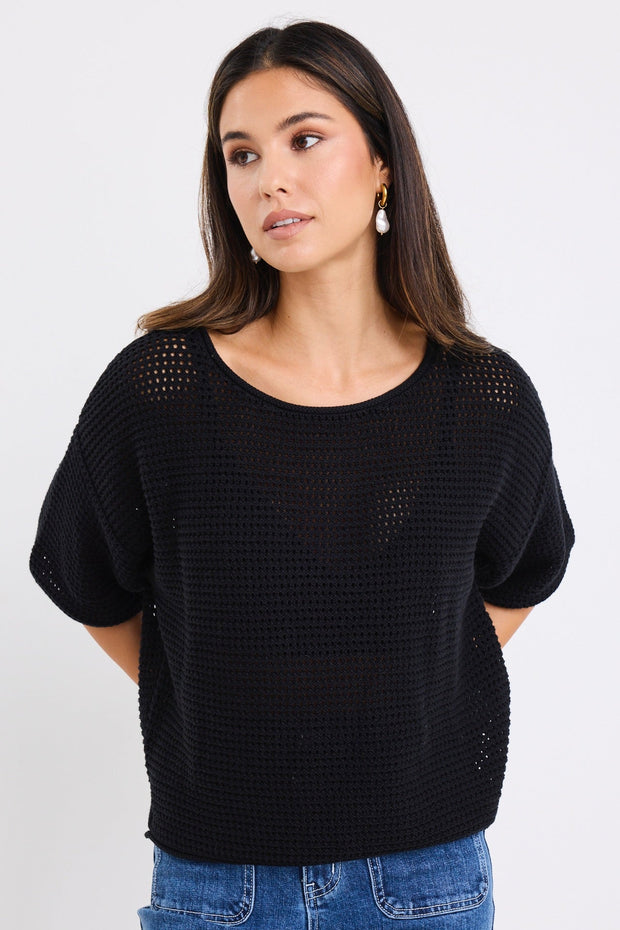 Sunrise S/S Crochet Knit Top - Blackm