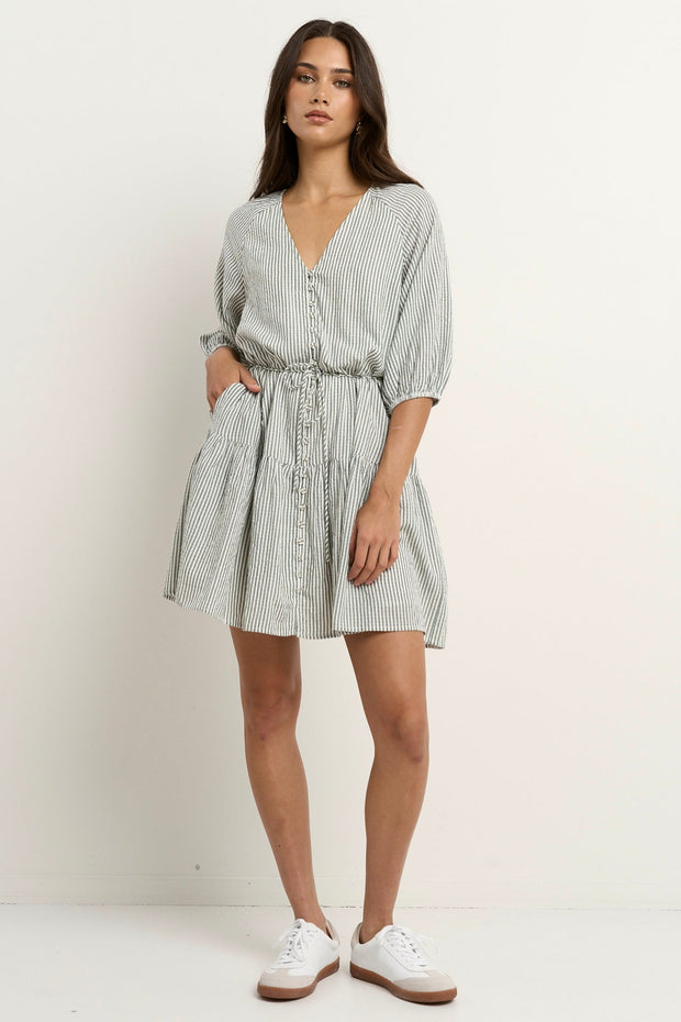 Switch Puff Sleeve Button Front Mini Dress - Khaki Stripe