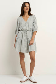 Switch Puff Sleeve Button Front Mini Dress - Khaki Stripe