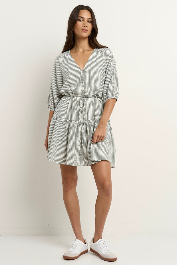Switch Puff Sleeve Button Front Mini Dress - Khaki Stripe