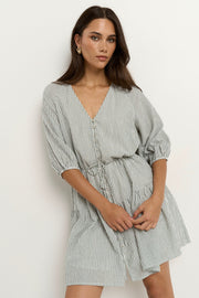 Switch Puff Sleeve Button Front Mini Dress - Khaki Stripe