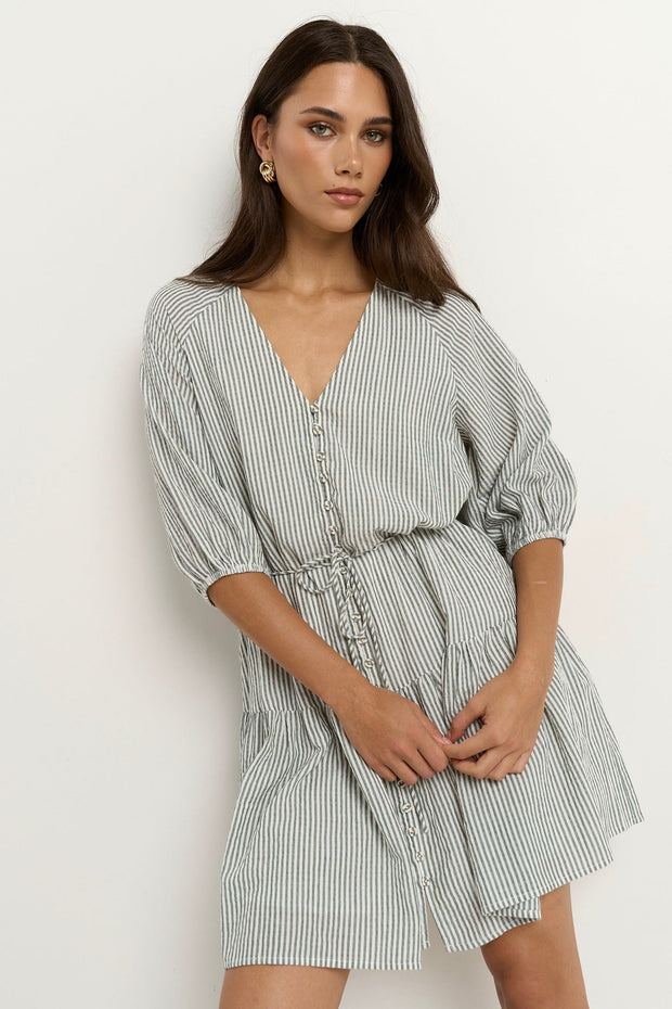 Switch Puff Sleeve Button Front Mini Dress - Khaki Stripe