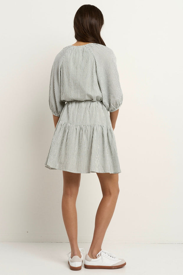 Switch Puff Sleeve Button Front Mini Dress - Khaki Stripe