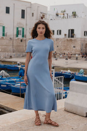 Taken Crew Neck SS Knit Maxi Dress - Ocean Blue