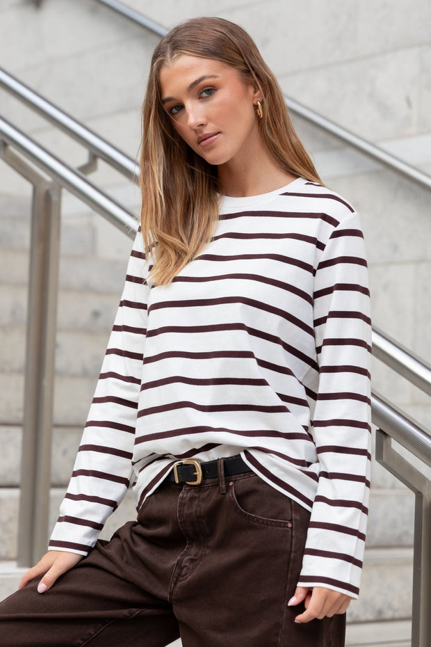 Tether Long Sleeve Boxy Tee - Chocolate Stripe – Chicago Joes