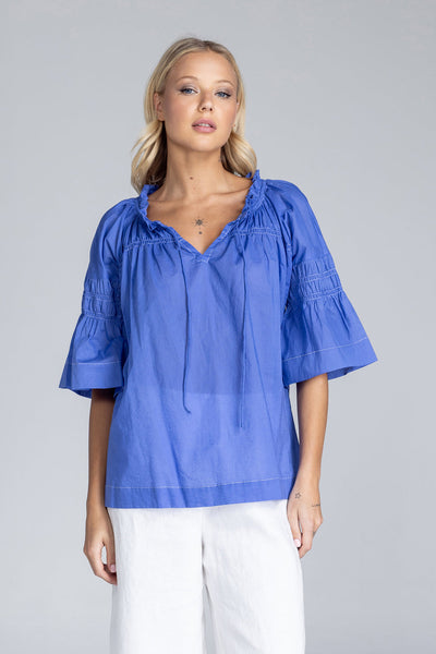 Thea Top - Juniper Blue with White Topstitching