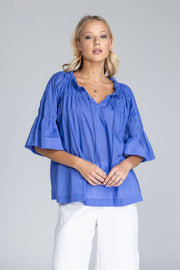 Thea Top - Juniper Blue with White Topstitching