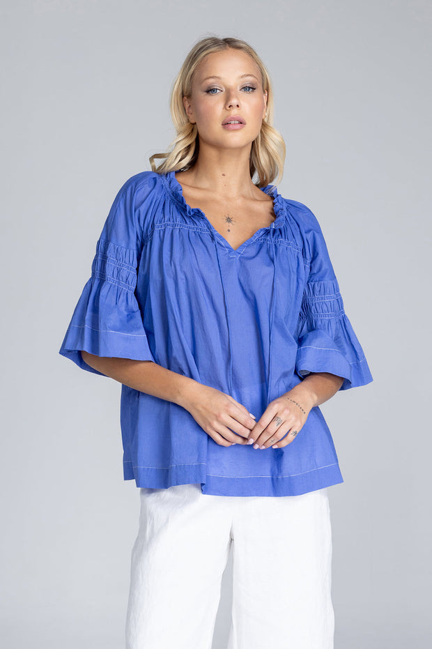Thea Top - Juniper Blue with White Topstitching