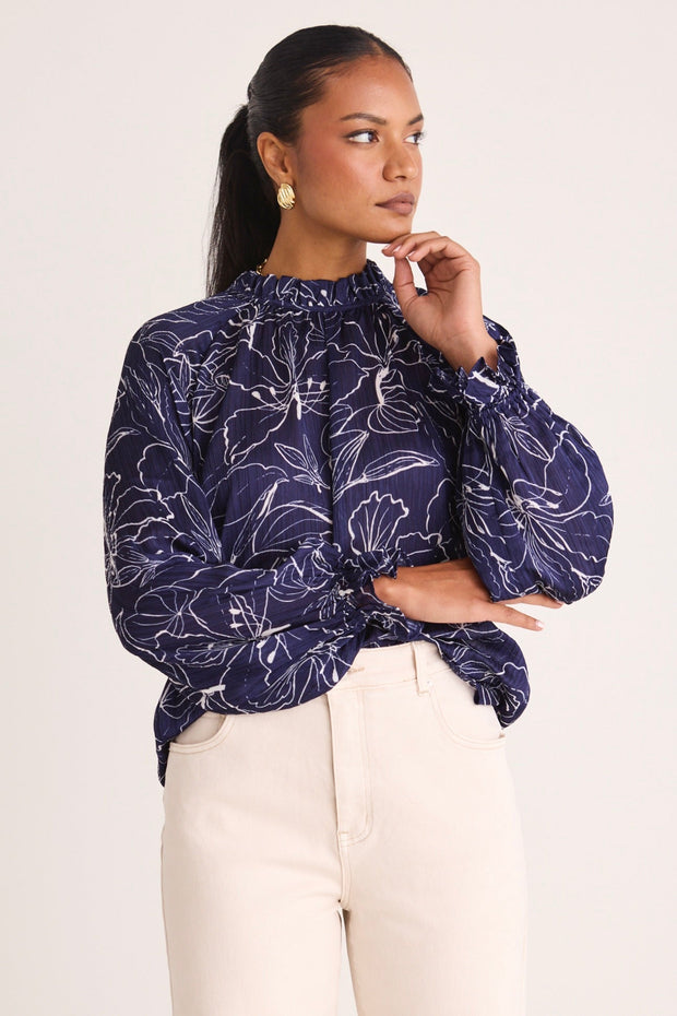 Together Hibiscus Long Sleeve Top - Blue