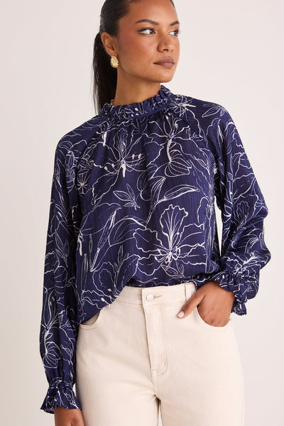 Together Hibiscus Long Sleeve Top - Blue