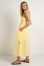 Vacation Strappy Shirred Midi Dress - Canary Yellow