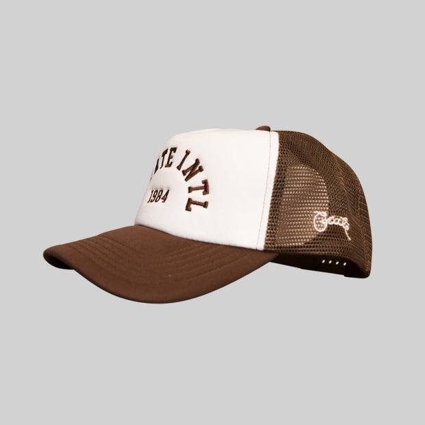 Unisex Varsity Trucker Cap - Brown/White
