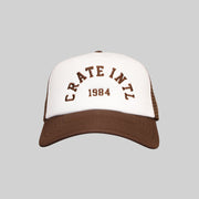 Unisex Varsity Trucker Cap - Brown/White