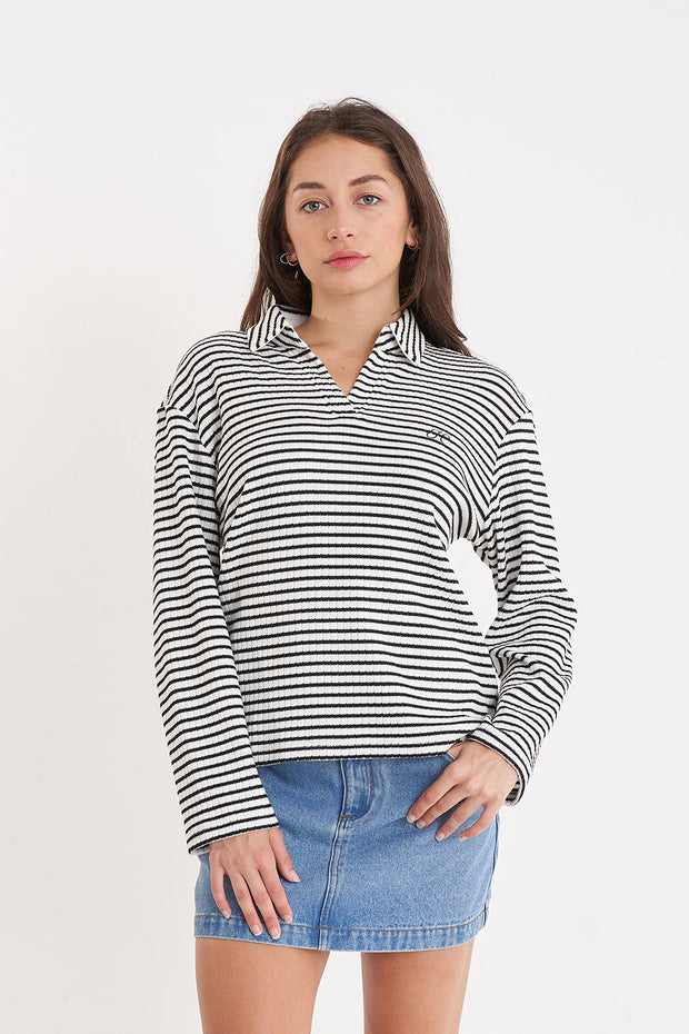 Alfie Long Sleeve Polo - Chalk/Black Stripe