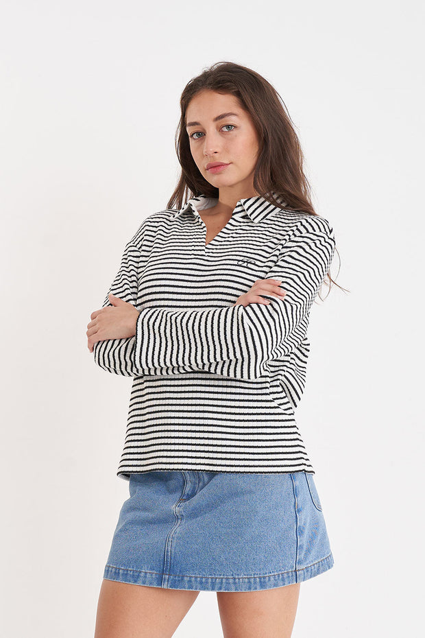 Alfie Long Sleeve Polo - Chalk/Black Stripe