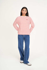 Oui Oui Long Sleeve Relaxed Tee - Chalk/Red