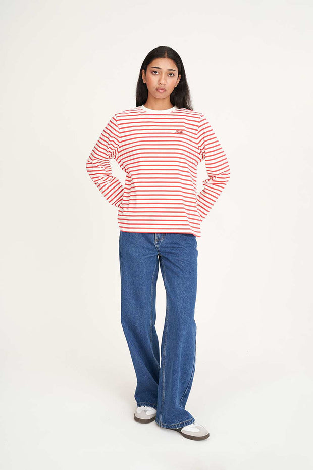 Oui Oui Long Sleeve Relaxed Tee - Chalk/Red