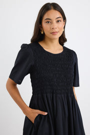 Wren Linen Blend S/S Bodice Midi Dress - Black