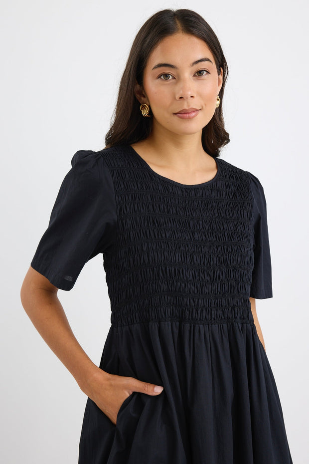 Wren Linen Blend S/S Bodice Midi Dress - Black