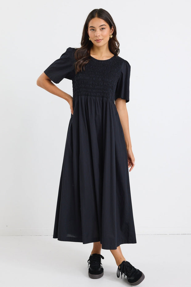Wren Linen Blend S/S Bodice Midi Dress - Black