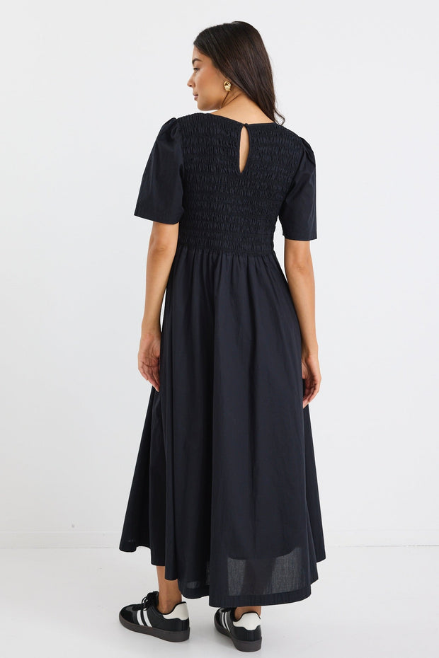 Wren Linen Blend S/S Bodice Midi Dress - Black