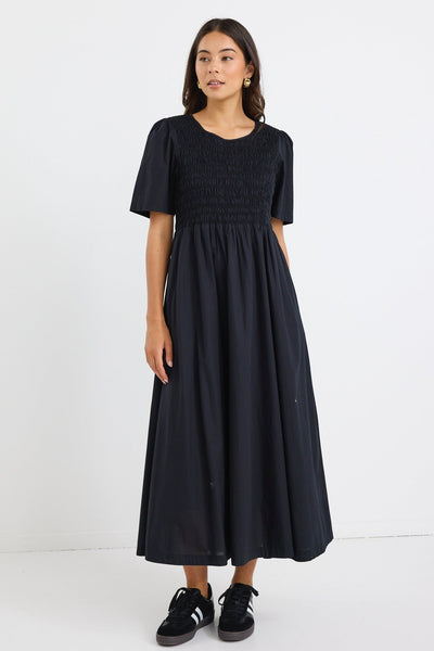 Wren Linen Blend S/S Bodice Midi Dress - Black