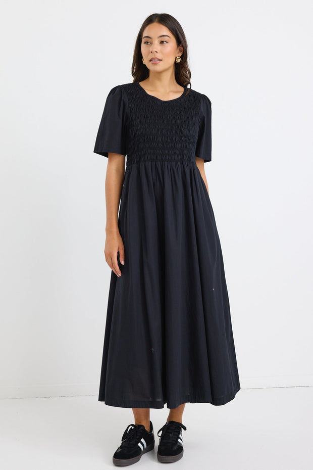 Wren Linen Blend S/S Bodice Midi Dress - Black
