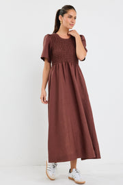 Wren Linen Blend Shirred Bodice Dress - Chocolate