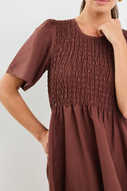 Wren Linen Blend Shirred Bodice Dress - Chocolate