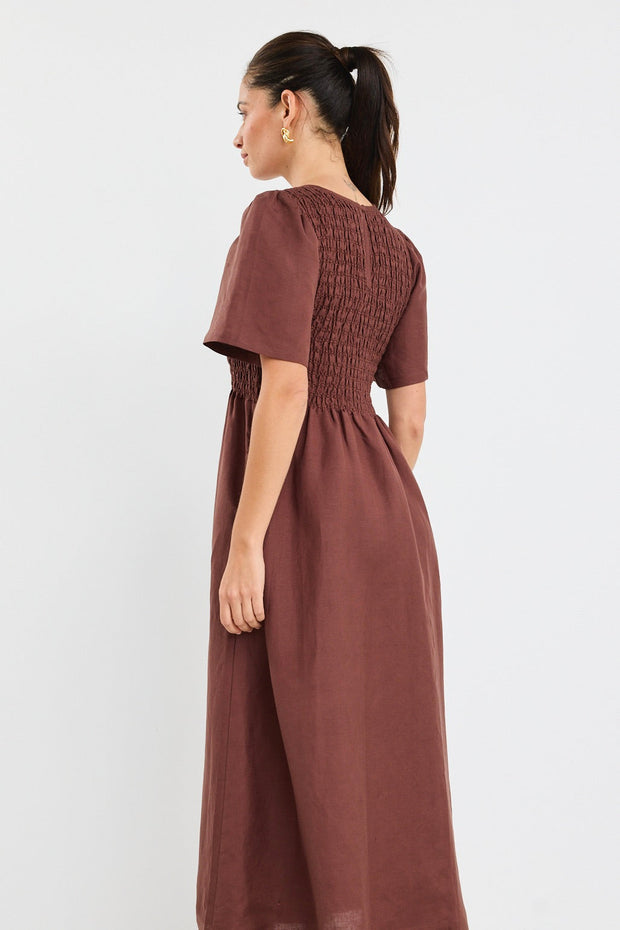 Wren Linen Blend Shirred Bodice Dress - Chocolate