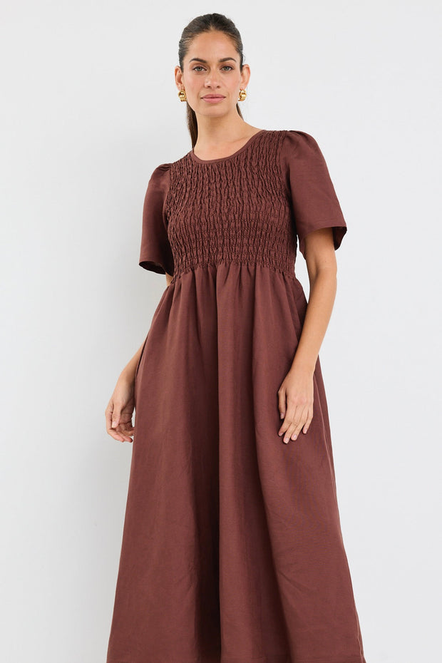 Wren Linen Blend Shirred Bodice Dress - Chocolate