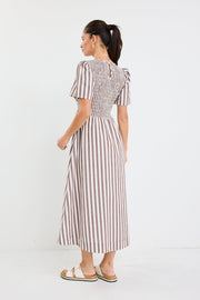 Wren Cotton Shirred Bodice Dress - Chocolate Stripe