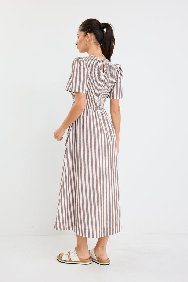 Wren Cotton Shirred Bodice Dress - Chocolate Stripe