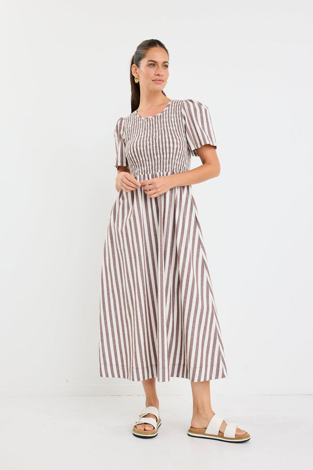 Wren Cotton Shirred Bodice Dress - Chocolate Stripe