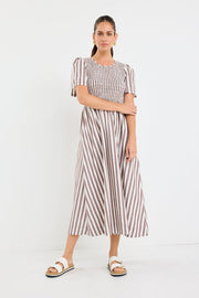 Wren Cotton Shirred Bodice Dress - Chocolate Stripe