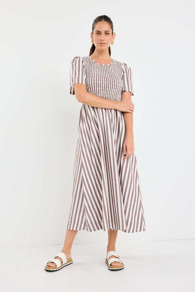 Wren Cotton Shirred Bodice Dress - Chocolate Stripe