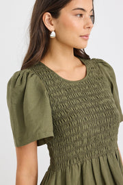 Wren Linen Blend S/S Bodice Midi Dress - Khaki