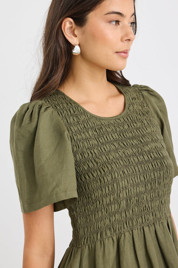 Wren Linen Blend S/S Bodice Midi Dress - Khaki