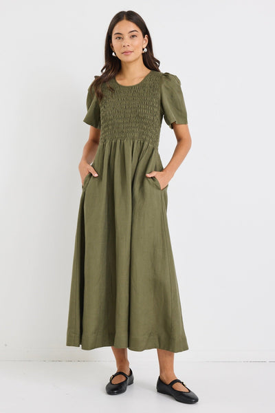 Wren Linen Blend S/S Bodice Midi Dress - Khaki